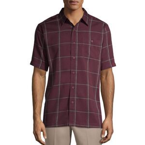 George Button Down 2XL Men's Maroon Short Sleeve Classic Fit Windowpane Check